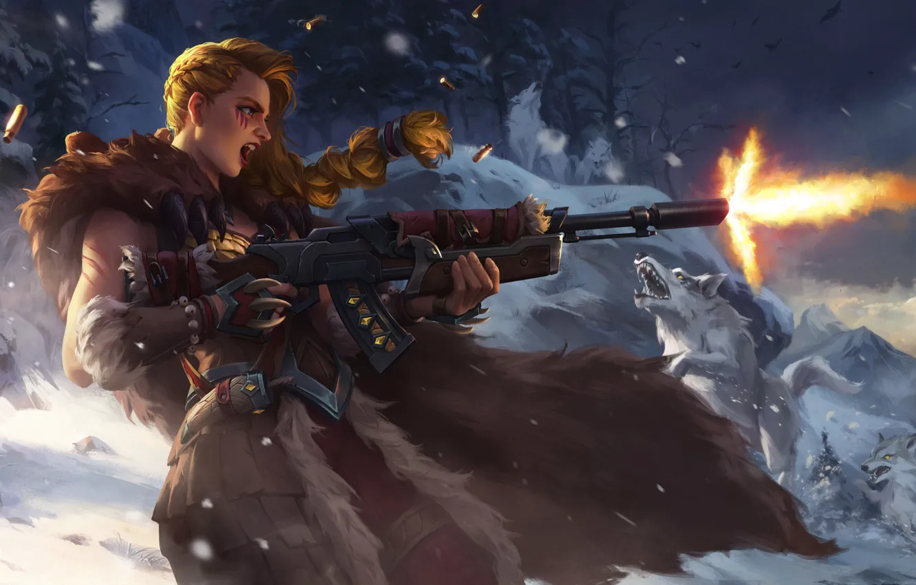 Фото обои зима, девушка, снег, оружие, волк, Лес