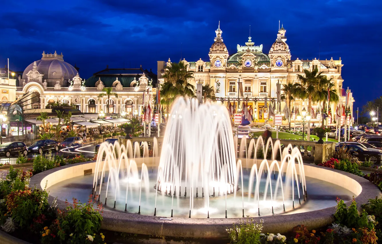 Фото обои ночь, огни, фонтан, дворец, Монако, Монте-Карло, Casino