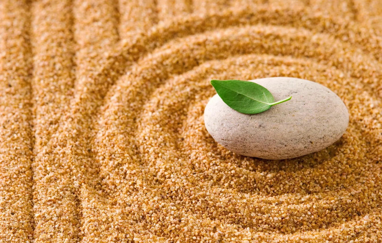 Фото обои песок, камни, листик, stone, sand, zen