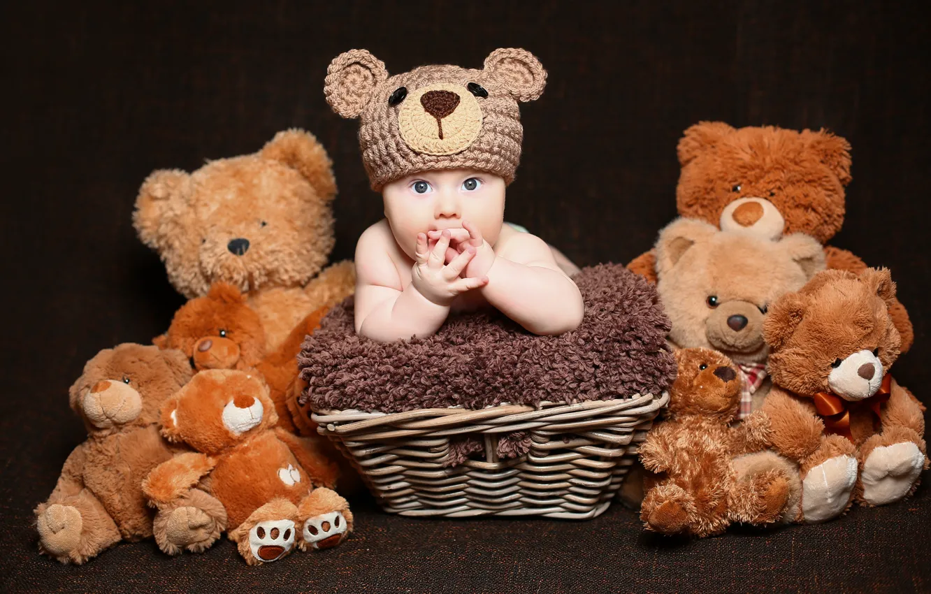 Фото обои мех, корзинка, Baby, bear, шапочка, младенец, teddy, Cute