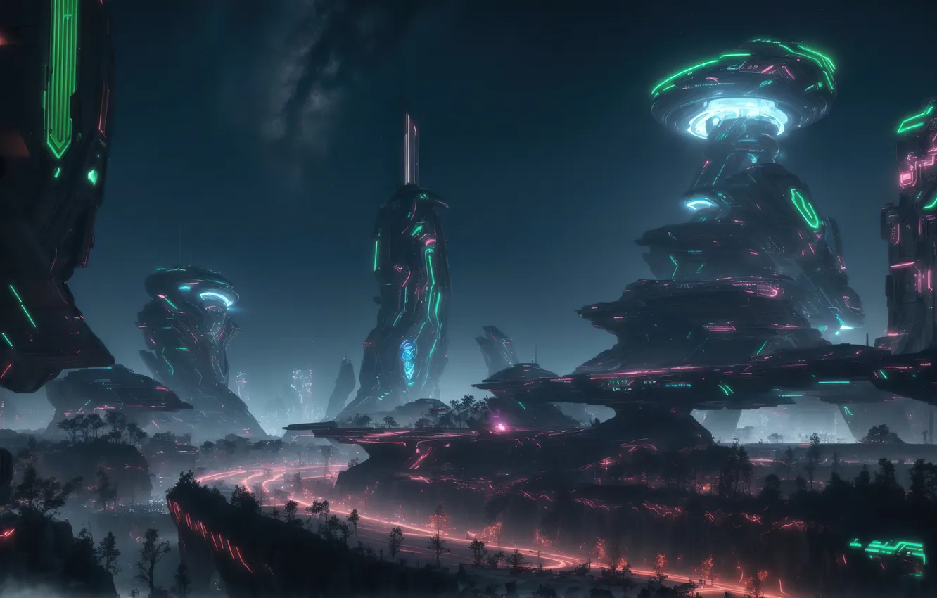 Фото обои future, landscape, art, fantastic, neon, digital art, megapolis, Futuristic