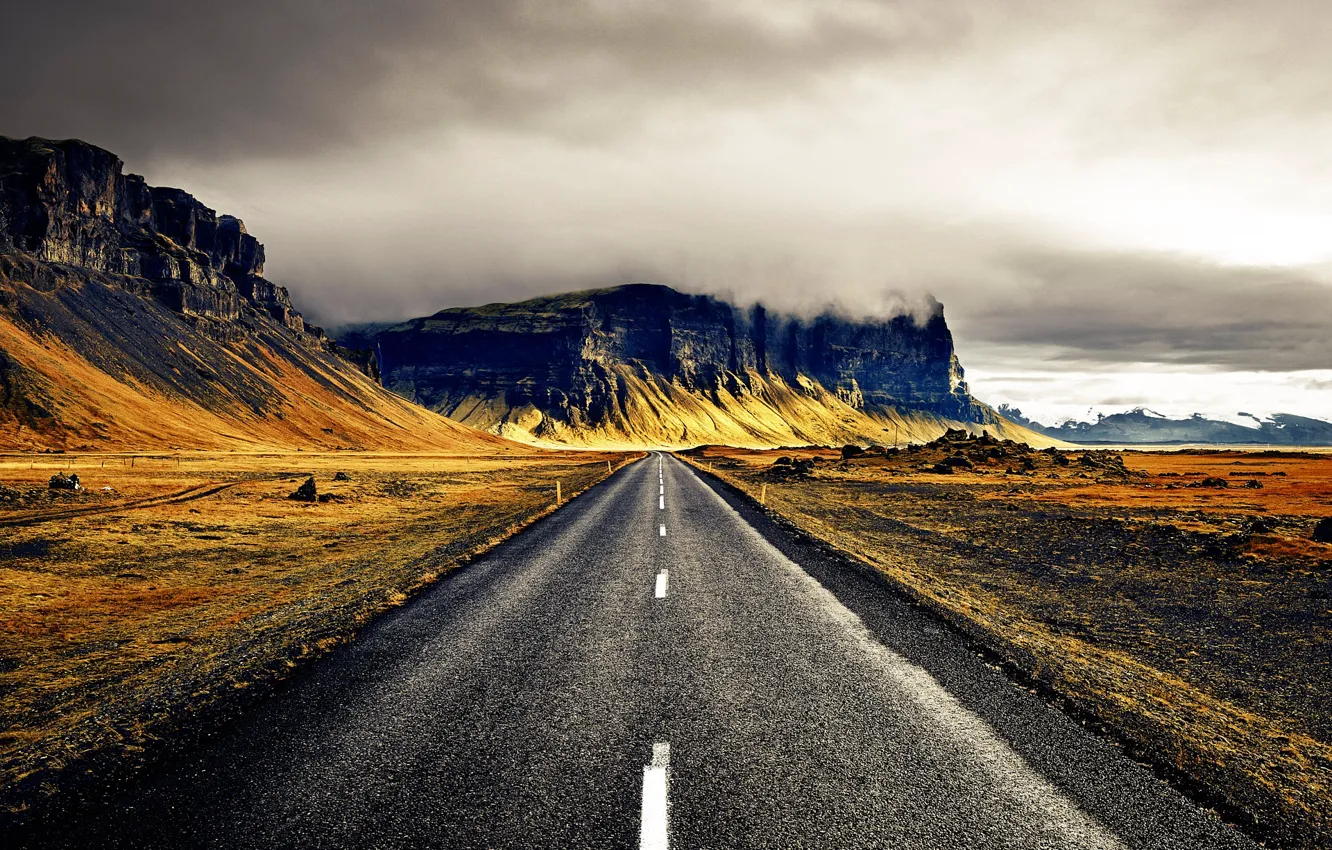 Фото обои дорога, облака, горы, Исландия