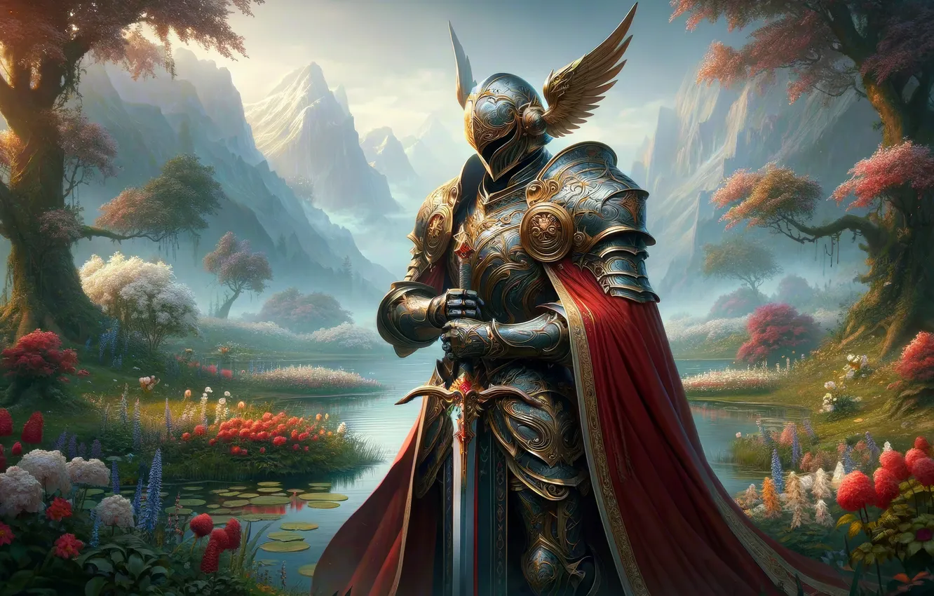Фото обои sword, flowers, knight, AI art