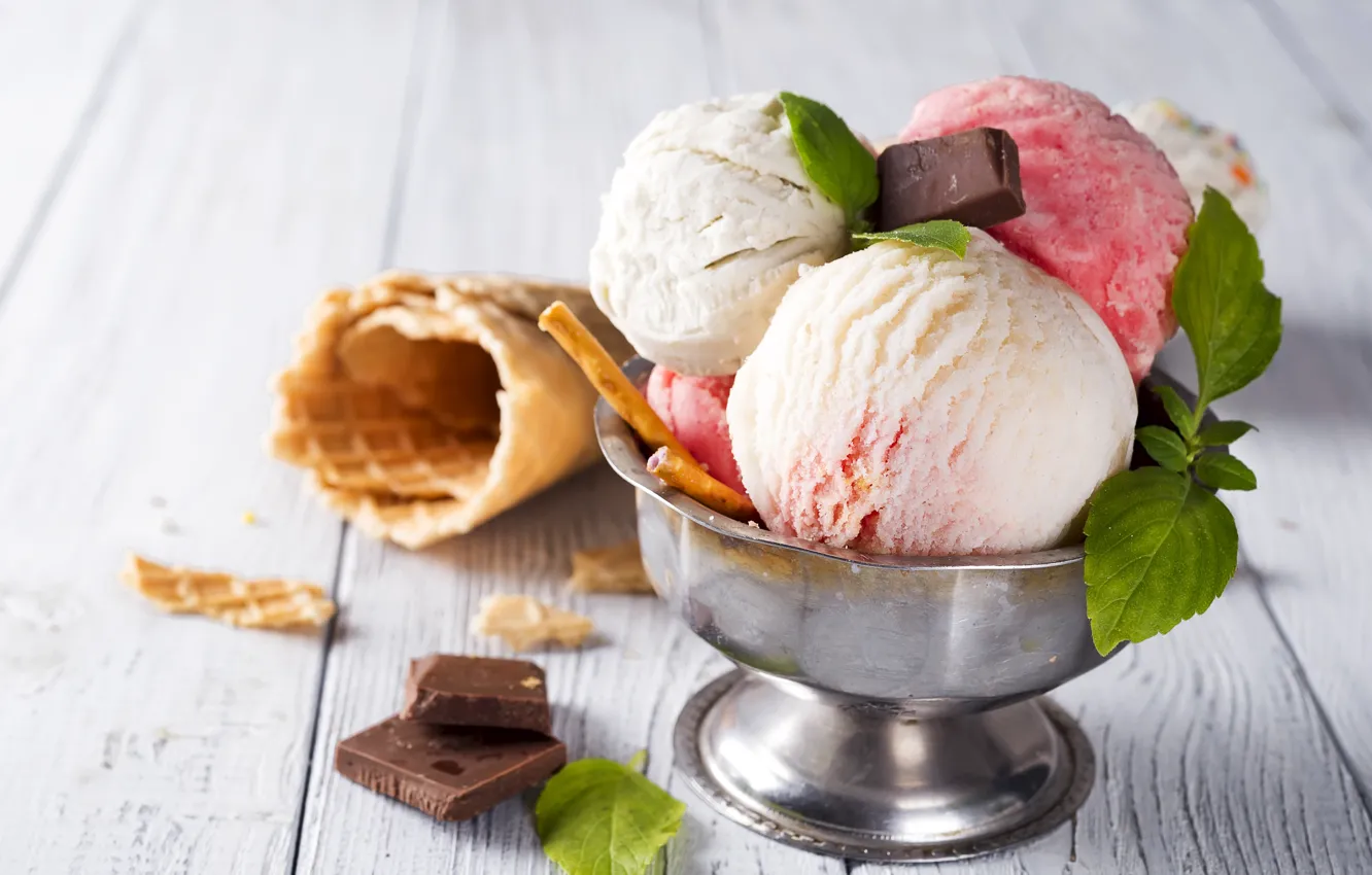 Фото обои шарики, мороженое, десерт, клубничное, ванильное, вафельный рожок, Myfoodie