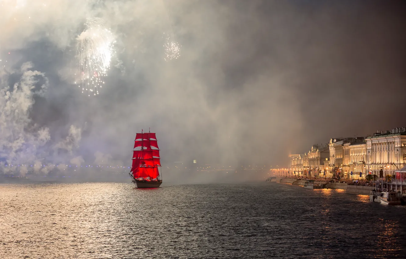 Фото обои ночь, река, праздник, дым, корабль, салют, Питер, Санкт-Петербург