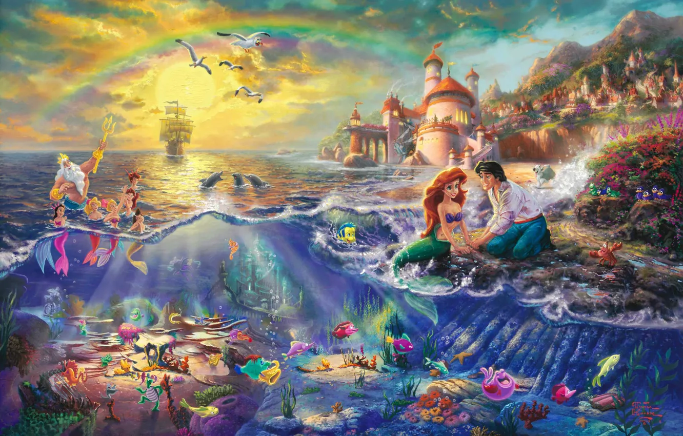 Фото обои замок, мультфильм, радуга, парус, принц, живопись, принцесса, Ariel