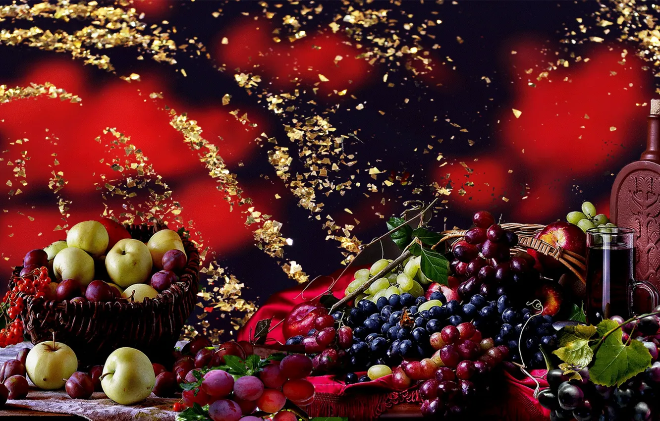Фото обои яблоки, Виноград, натюрморт
