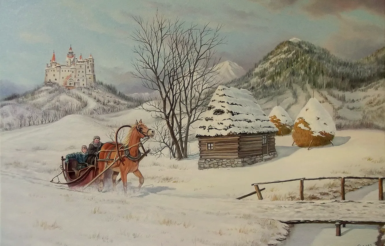 Фото обои зима, снег, деревья, мост, дом, замок, лошадь, сани