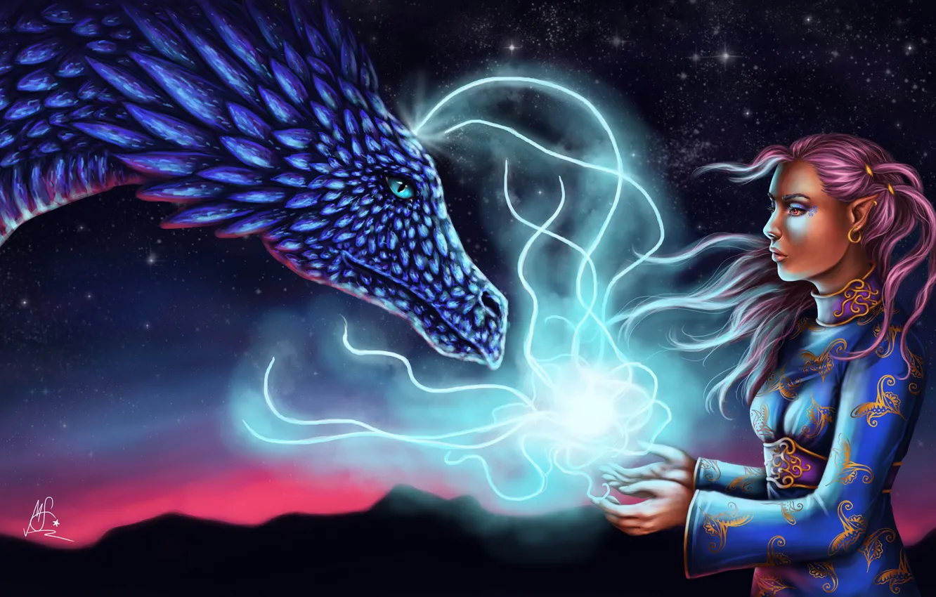 Фото обои девушка, магия, дракон, руки, арт, эльфийка, ушки