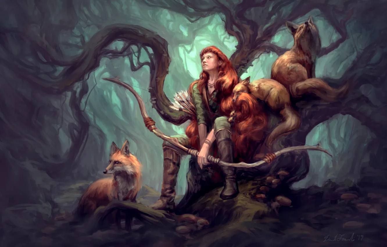 Фото обои животные, девушка, природа, звери, дерево, арт, лисы, охотница