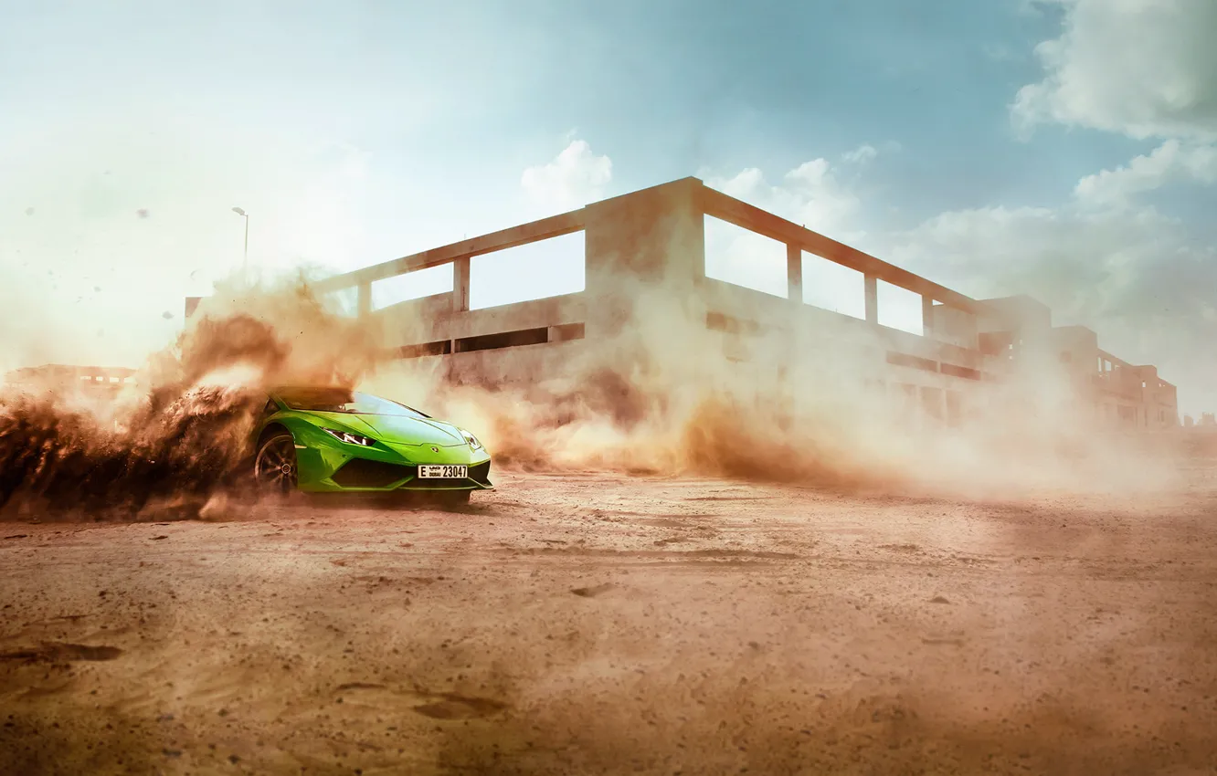 Фото обои песок, green, пыль, занос, салат, Lamborghini Huracán