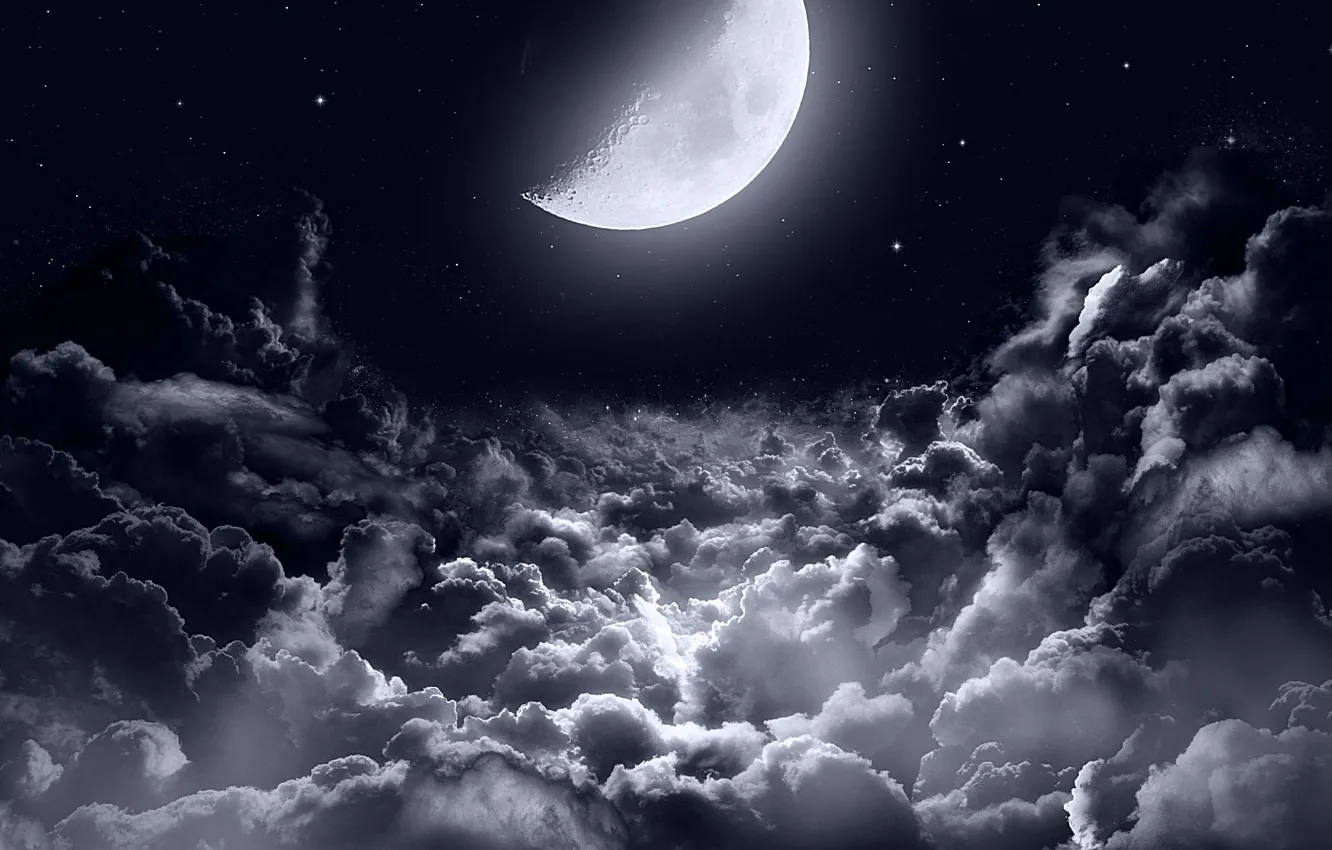 Фото обои dark, moon, clouds, stars, night sky, moonlight, half moon, night sky stars