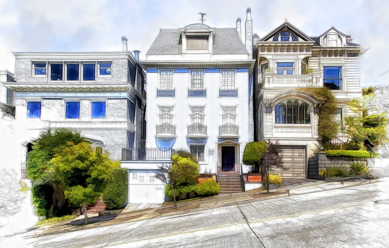 Фото обои город, рисунок, дома, Сан-Франциско, США