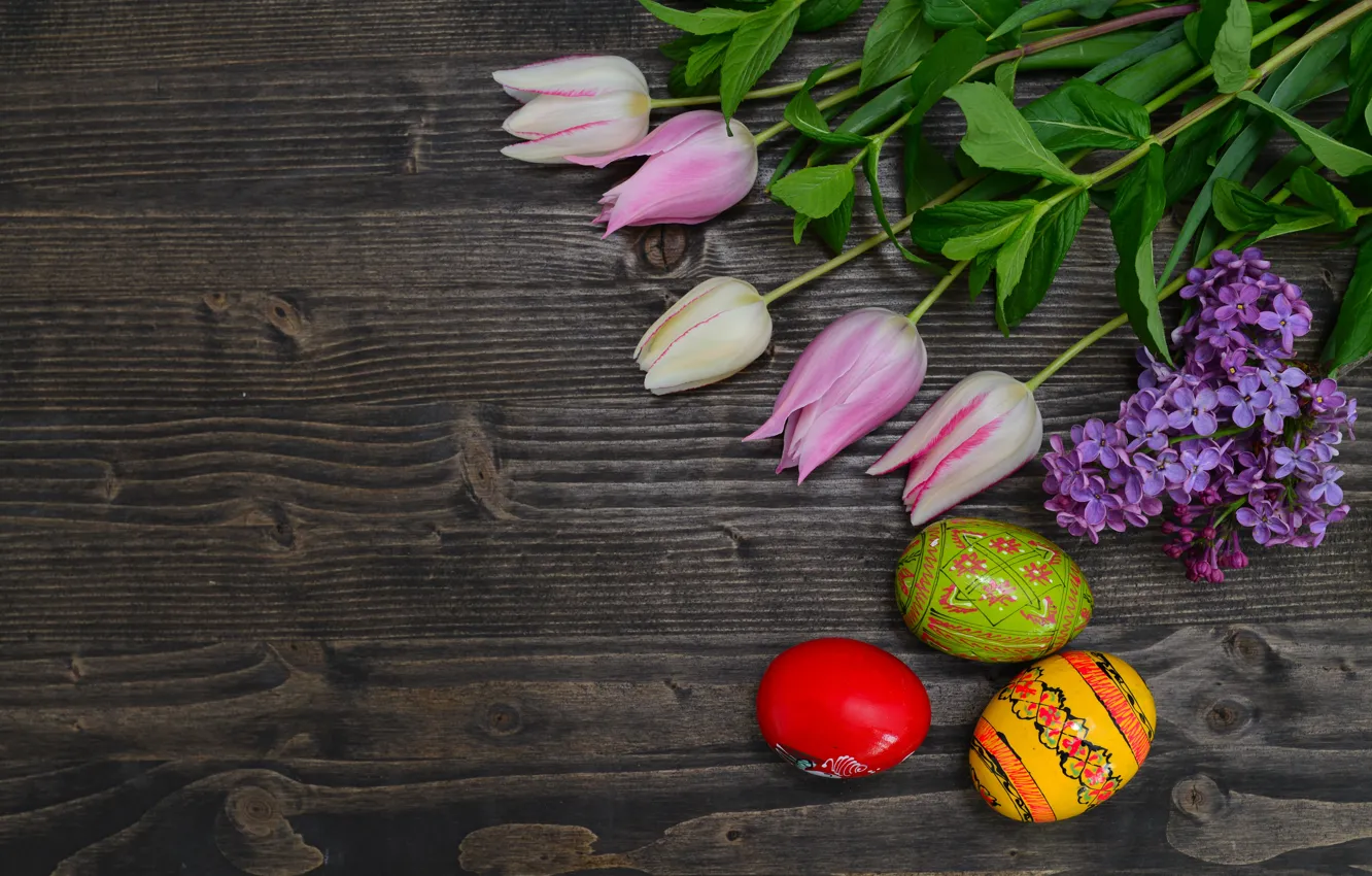 Фото обои цветы, яйца, Пасха, тюльпаны, happy, wood, pink, flowers