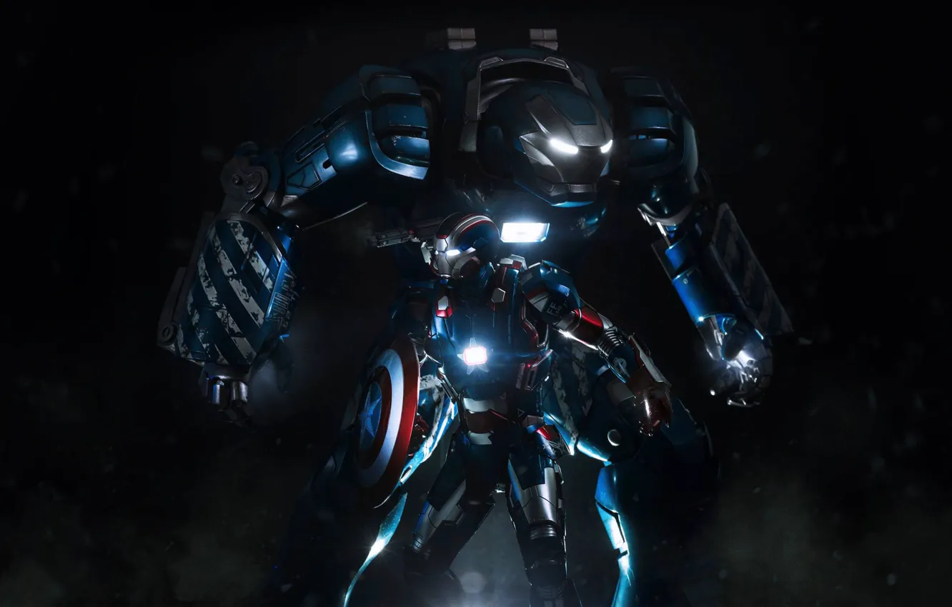 Фото обои фантастика, робот, костюм, щит, Железный человек, Iron Man, Капитан Америка, Captain America