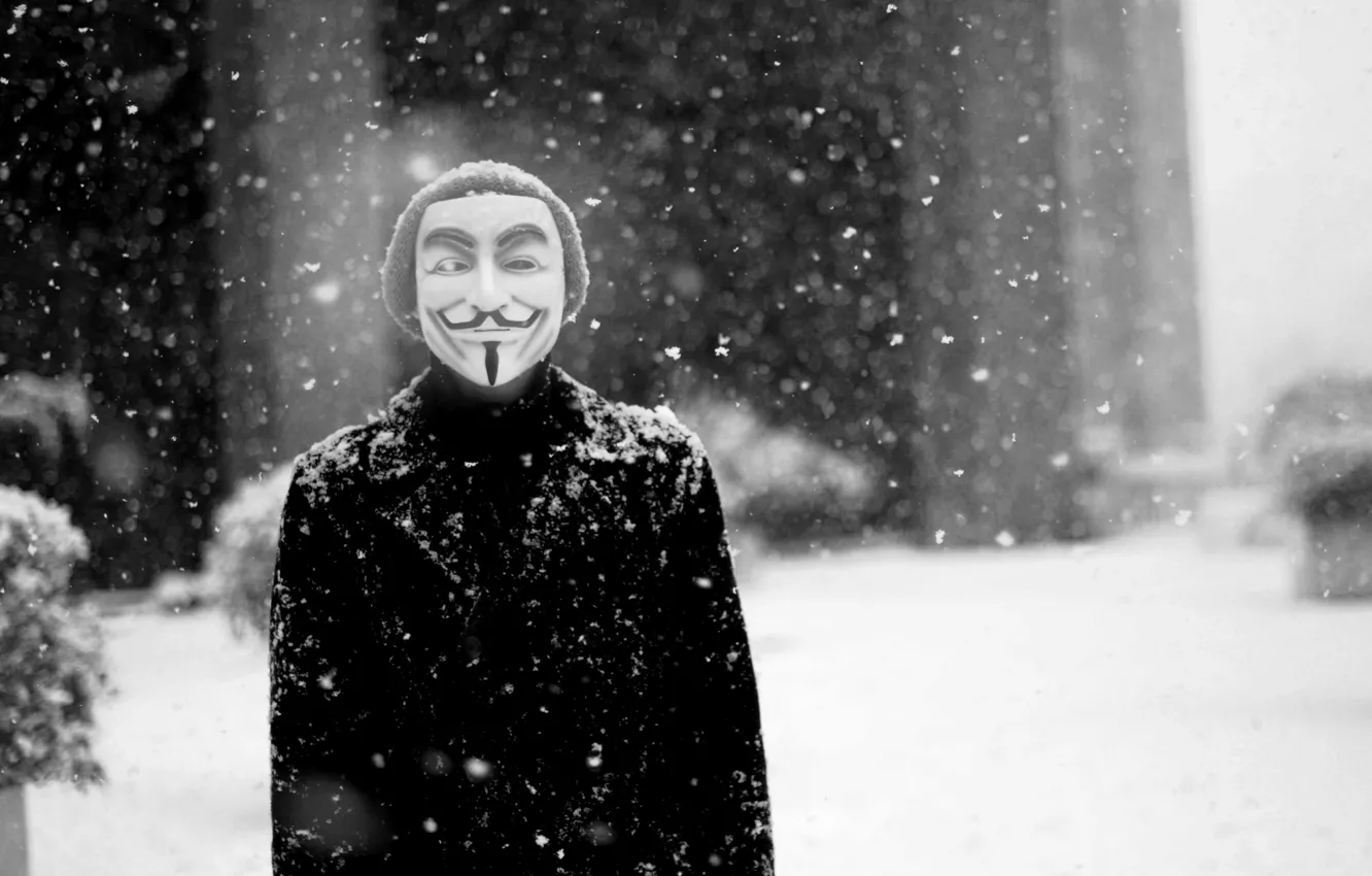 Фото обои зима, человек, маска, разное, аноним, гай фокс