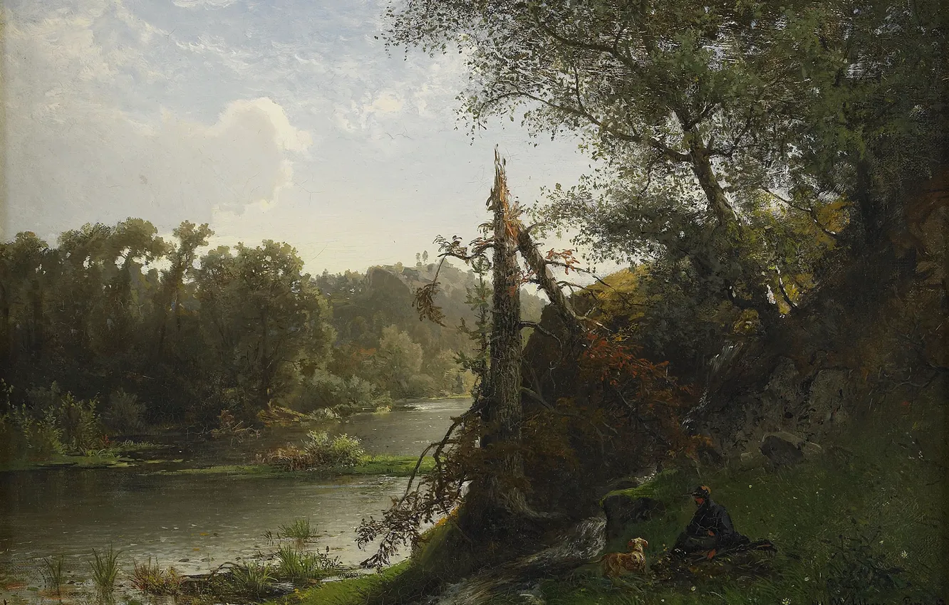 Фото обои природа, река, Альфред Валберг, Речной ландшафт с охотником и собакой
