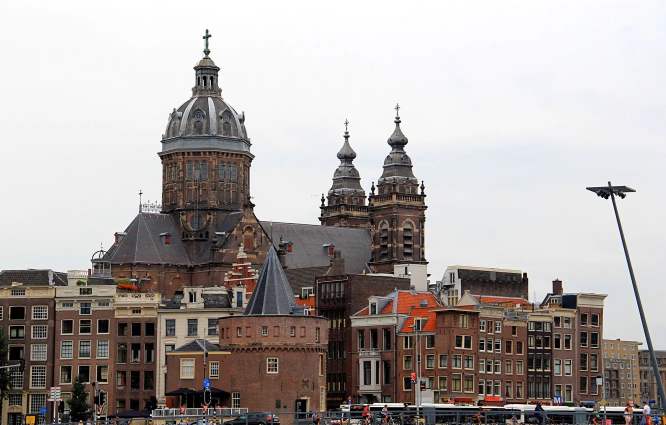 Фото обои башня, дома, Амстердам, собор, Нидерланды