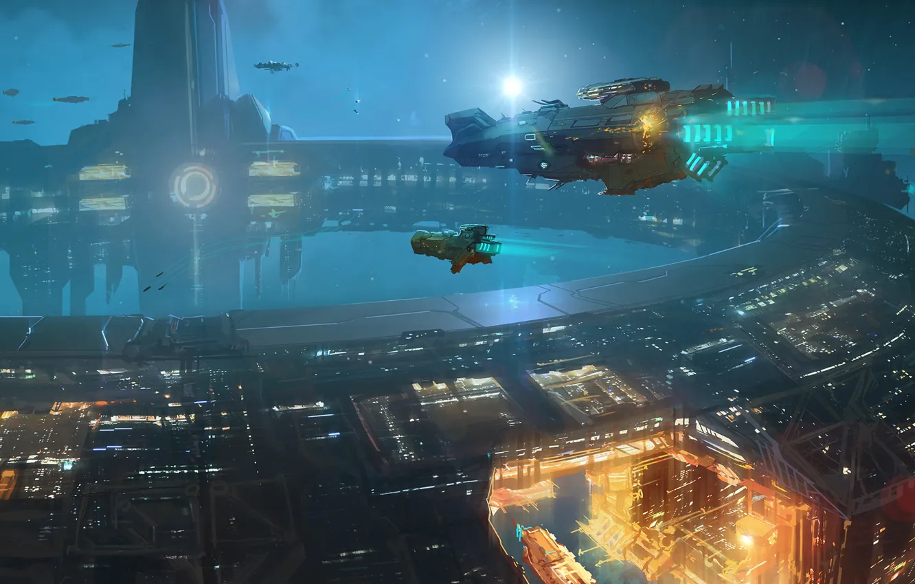 Фото обои космос, звезды, корабль, станция, арт