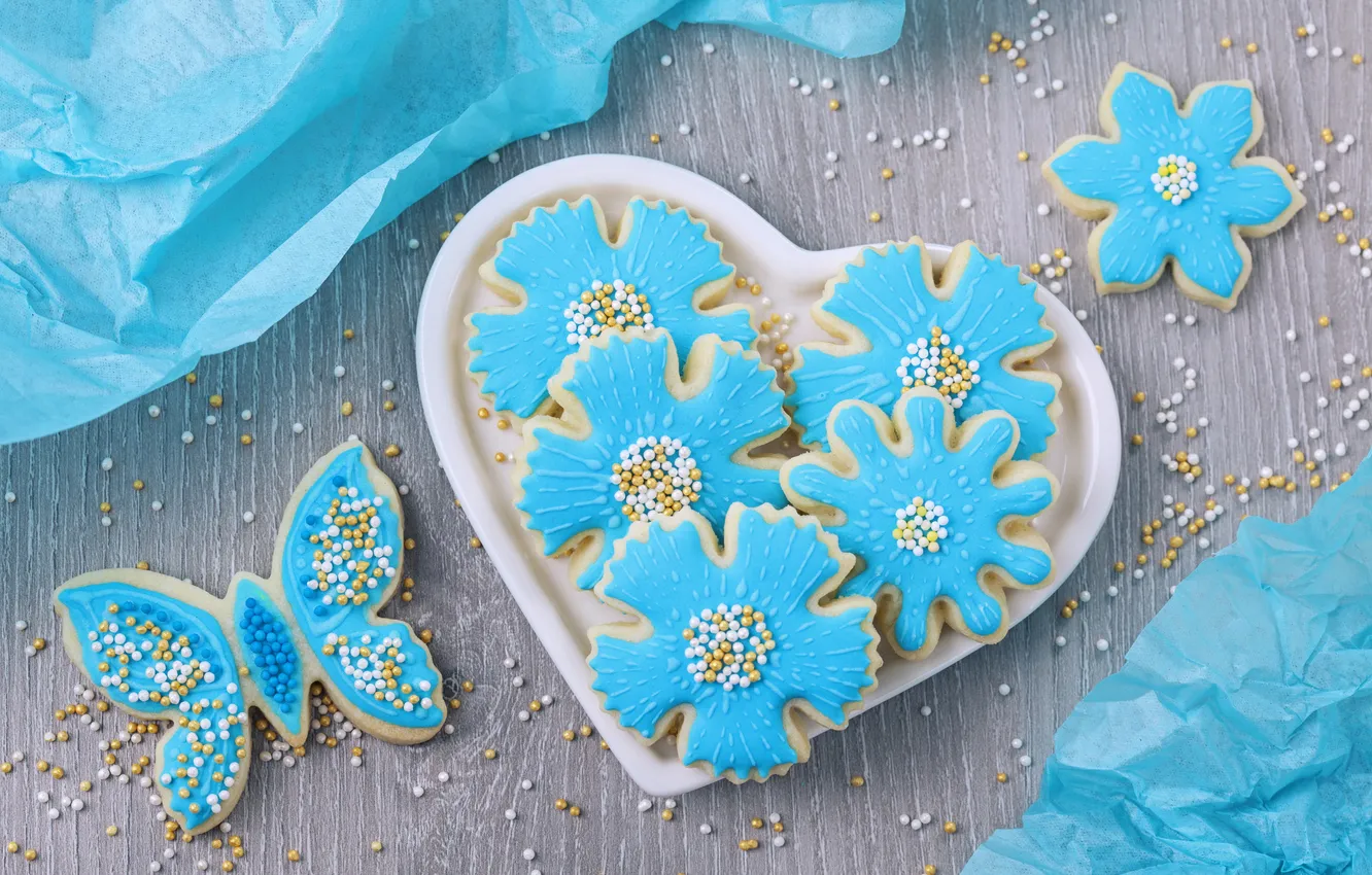 Фото обои цветы, бабочка, сердце, печенье, тарелка, сахар, heart, blue