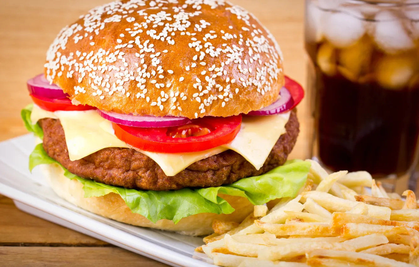 Фото обои зелень, гамбургер, картофель фри, greens, French fries, burgers