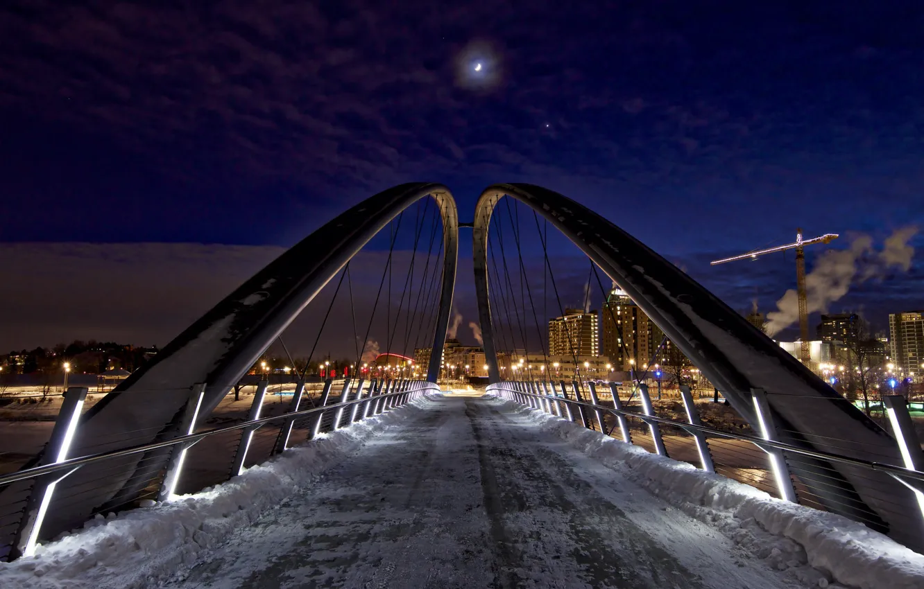 Фото обои зима, ночь, мост, город, огни, здание, Канада, Калгари