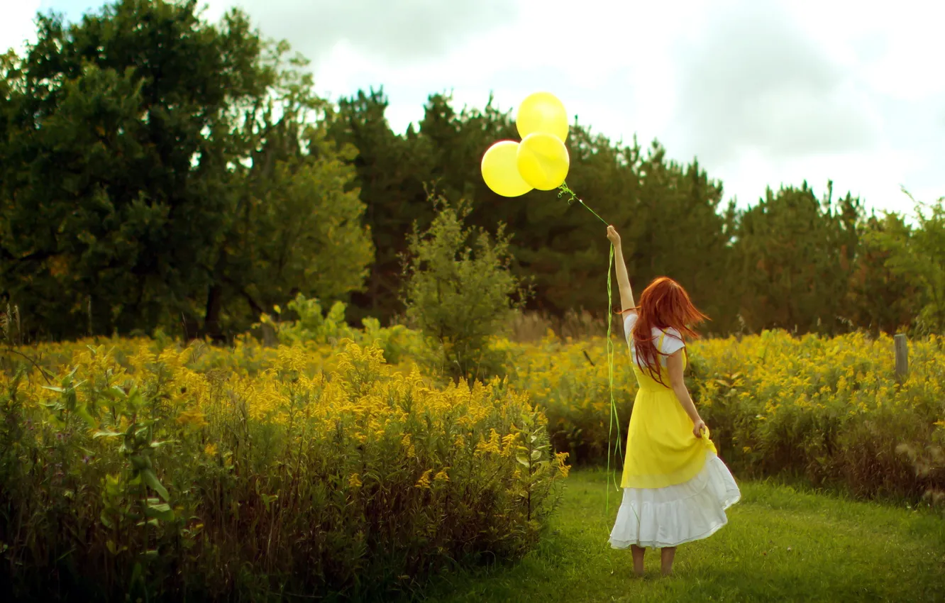Фото обои поле, девушка, настроение, шары