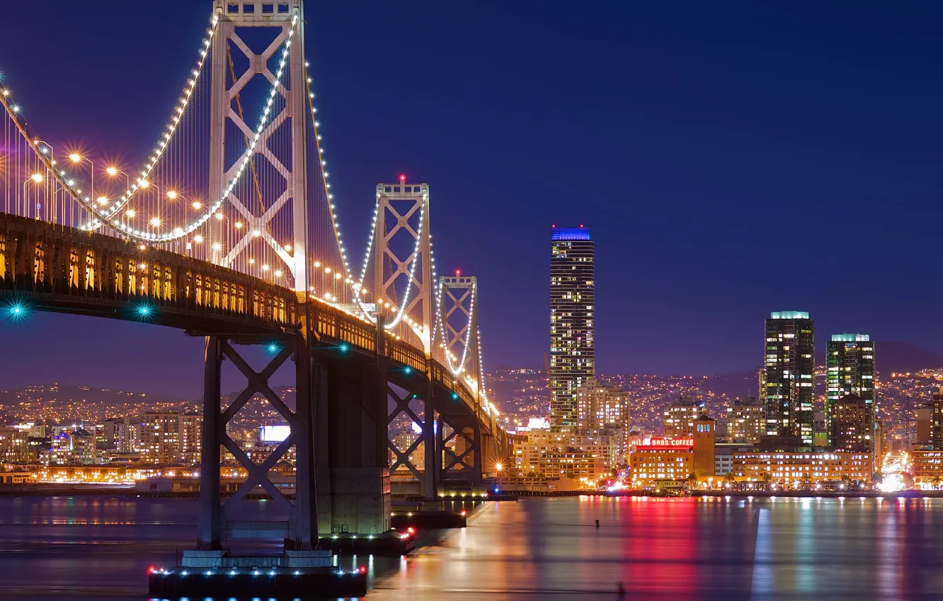 Фото обои ночь, мост, город, огни, San Francisco, сан франциско