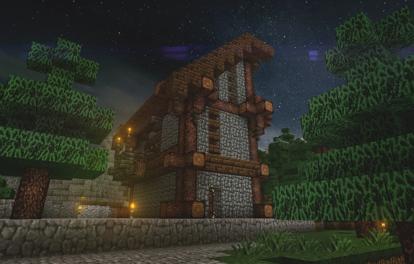 Фото обои небо, деревья, город, дом, стена, здание, день, Minecraft