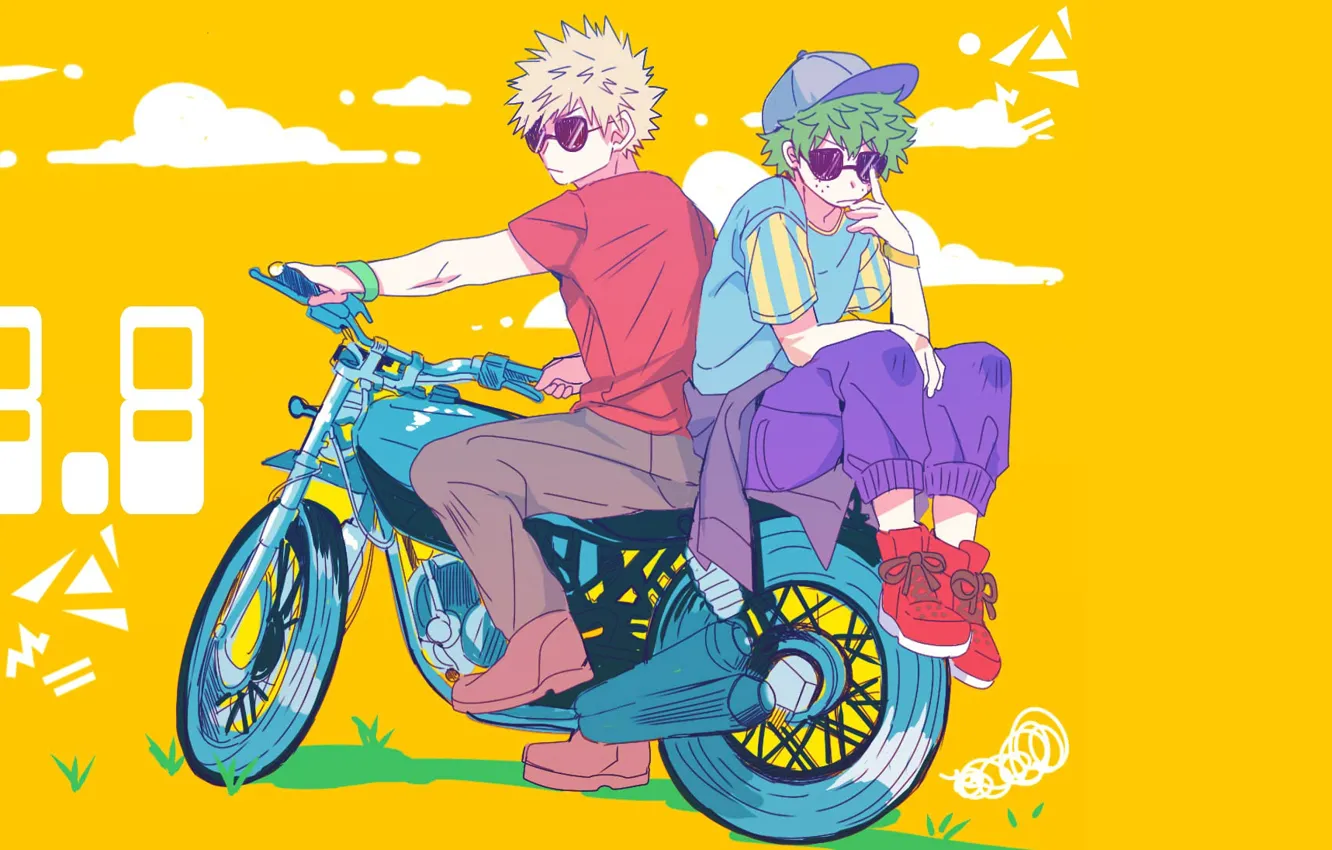 Фото обои мотоцикл, парни, Моя геройская академия, My Hero Academia, Boku No Hero Academia, Мидория Изуку, Бакуго …