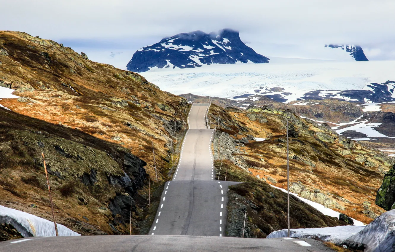 Фото обои Mountains, Norway, Ice, Road, Peaks