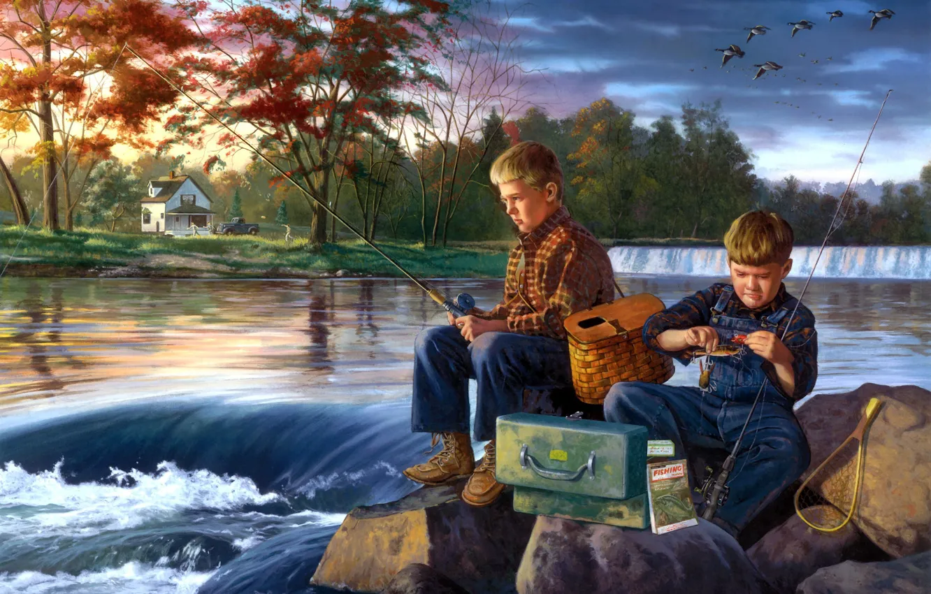 Фото обои река, камни, рыбалка, живопись, друзья, мальчики, ранняя осень, Charles Freitag