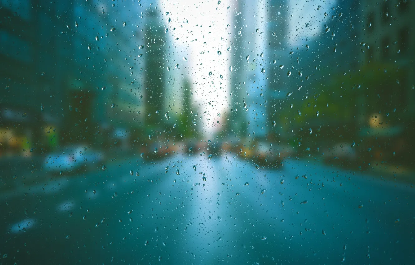 Фото обои стекло, капли, машины, город, дождь, улица