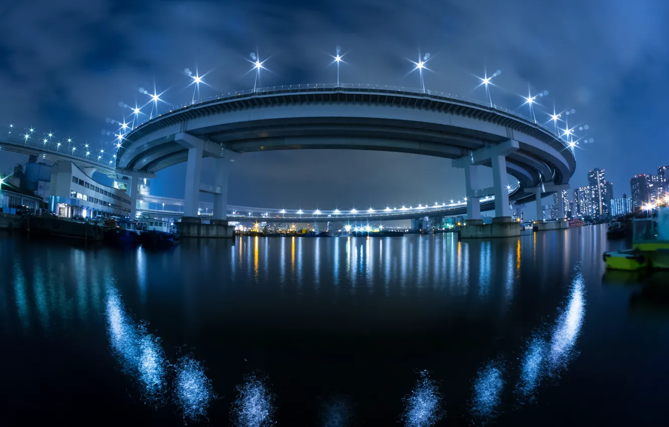 Фото обои ночь, мост, город, огни, япония