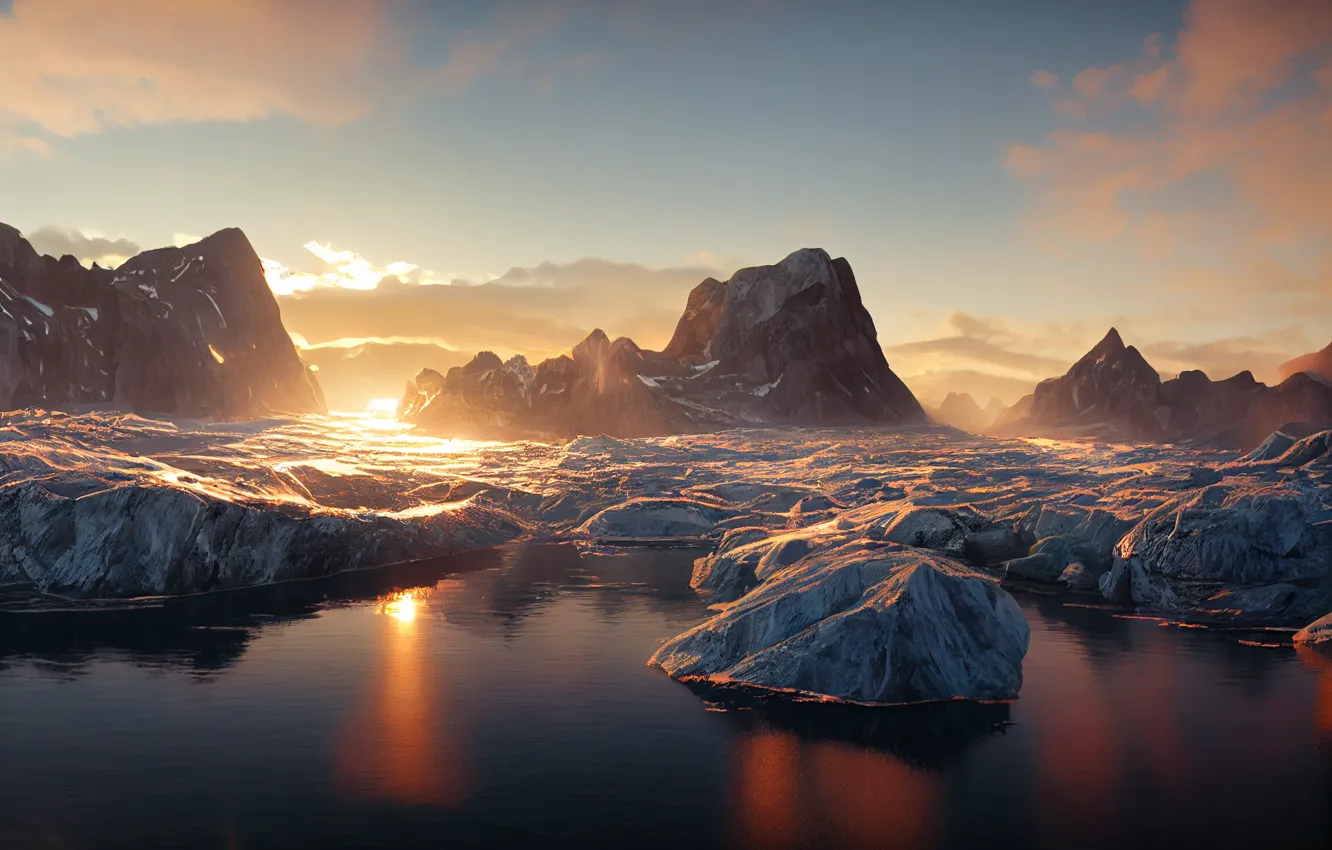 Фото обои лед, зима, небо, пейзаж, природа, льдины, водоем, ИИ-арт