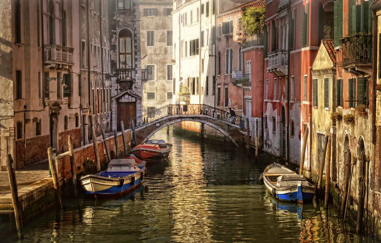 Фото обои мост, дома, лодки, Италия, Венеция, канал