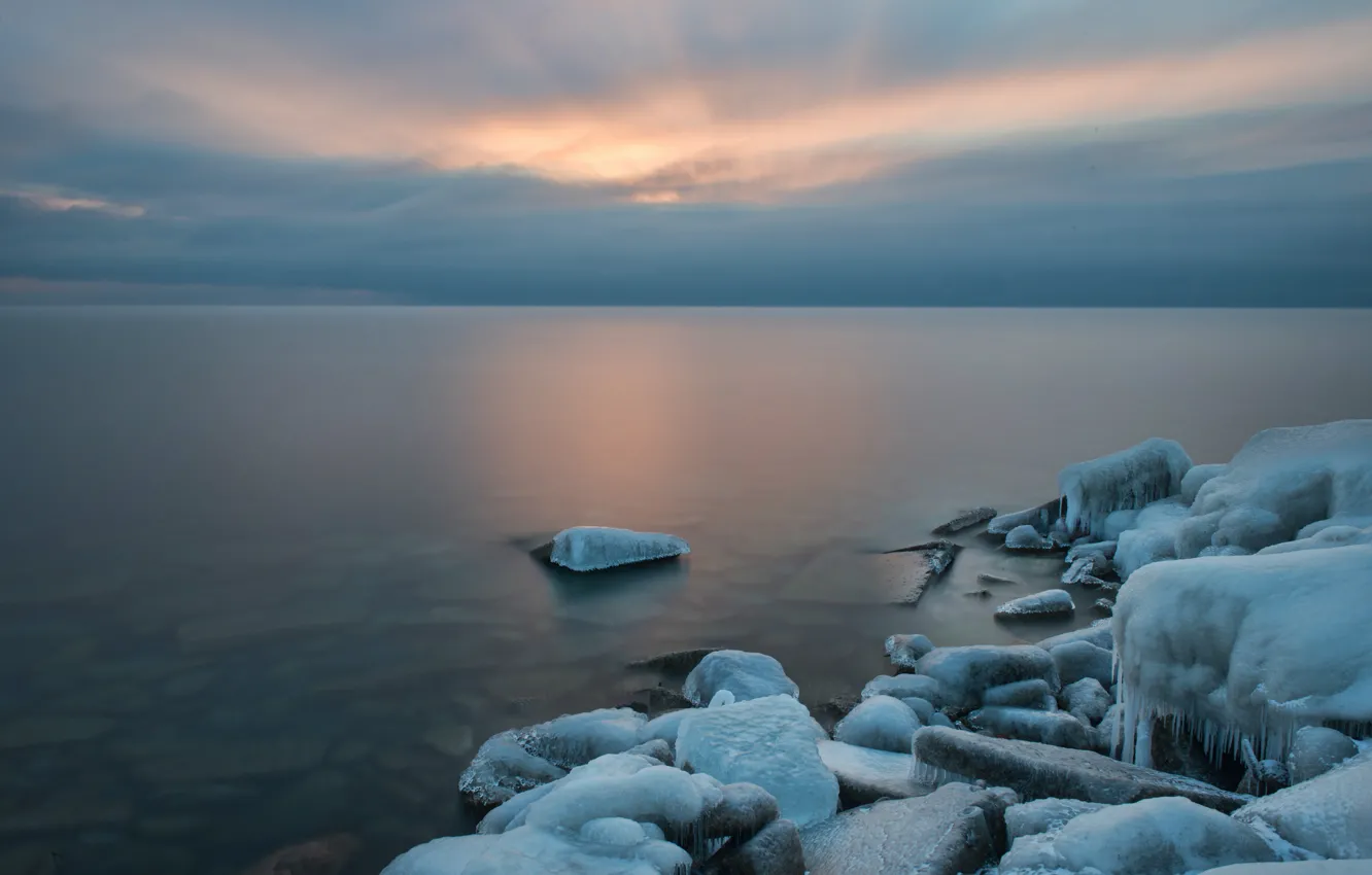 Фото обои лед, зима, озеро, камни, Онтарио