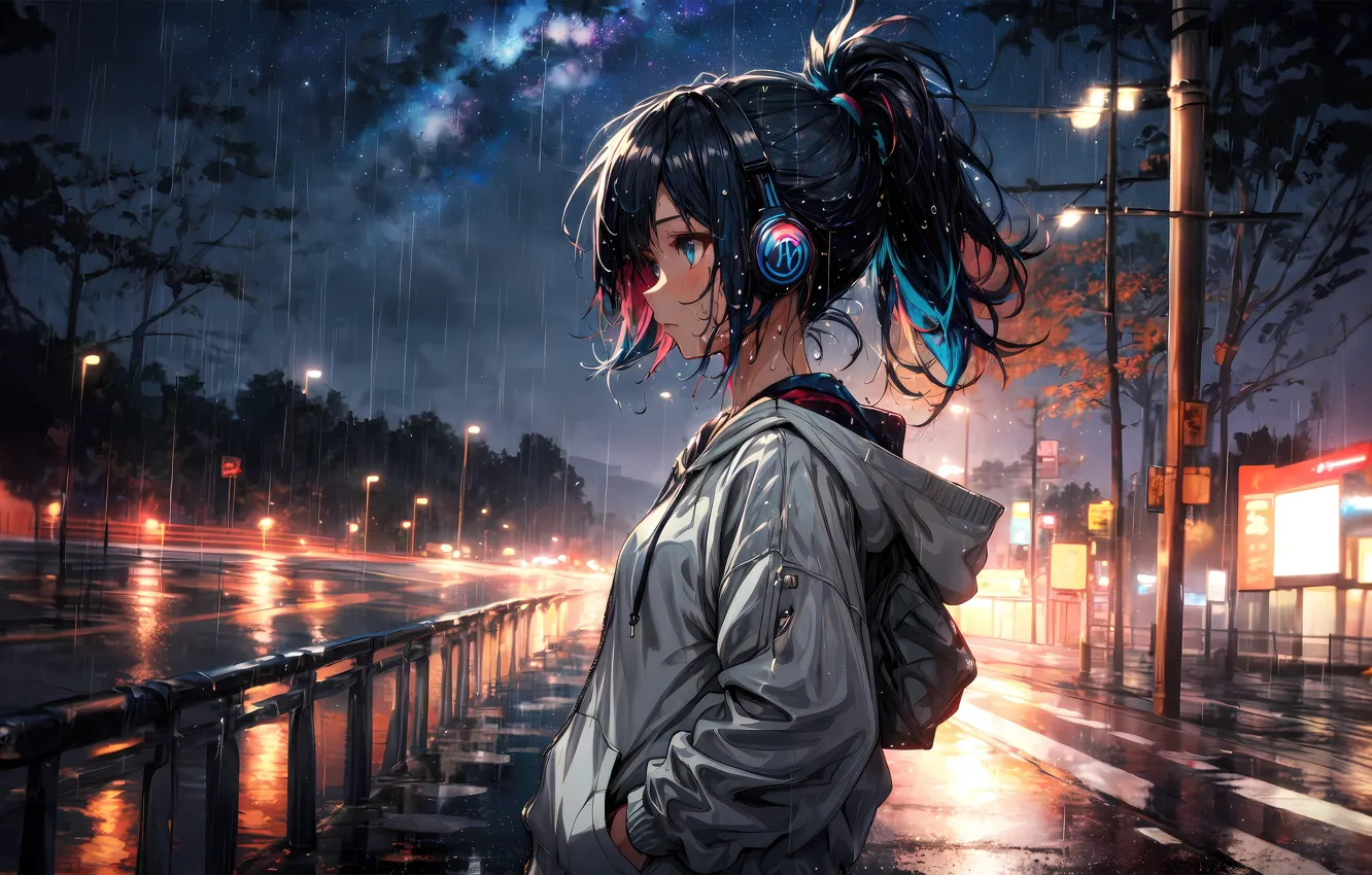 Фото обои дождь, брюнетка, непогода, красивая девушка, digital art, цифровое искусство, Anime Girl, ИИ арт