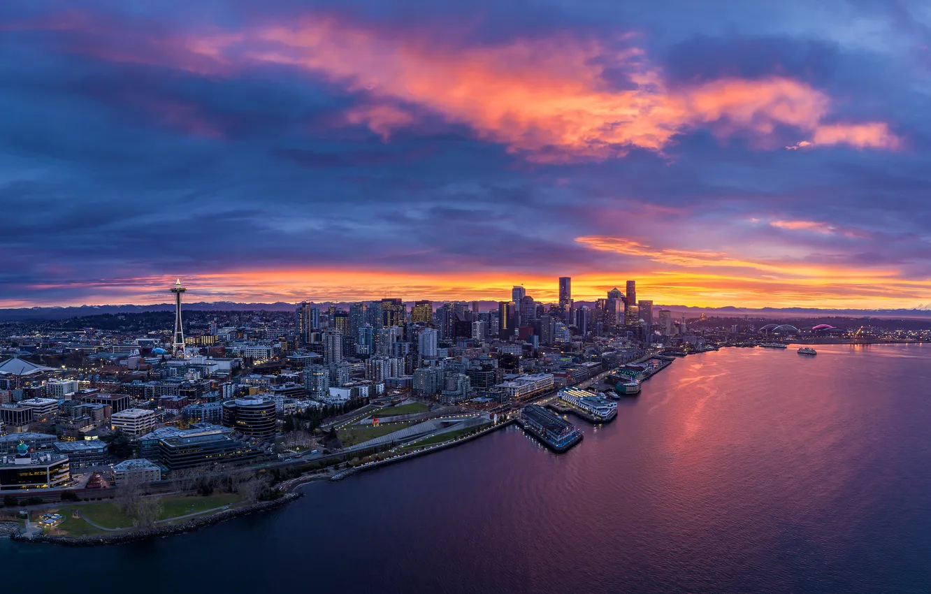 Фото обои Bing, Washington, побережье, закат, USA, Seattle