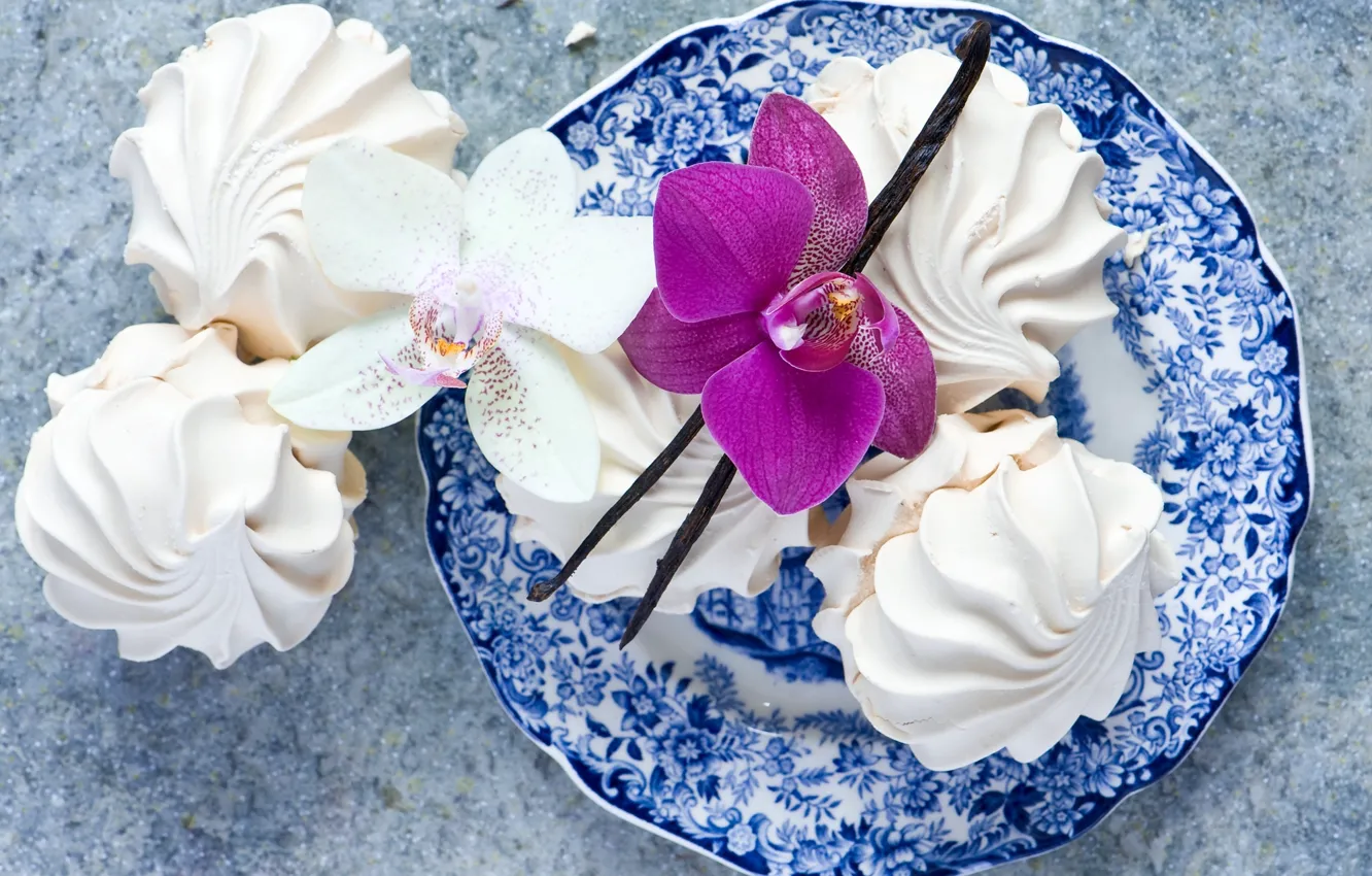 Фото обои белый, цветок, розовая, еда, тарелка, сладости, десерт, орхидея