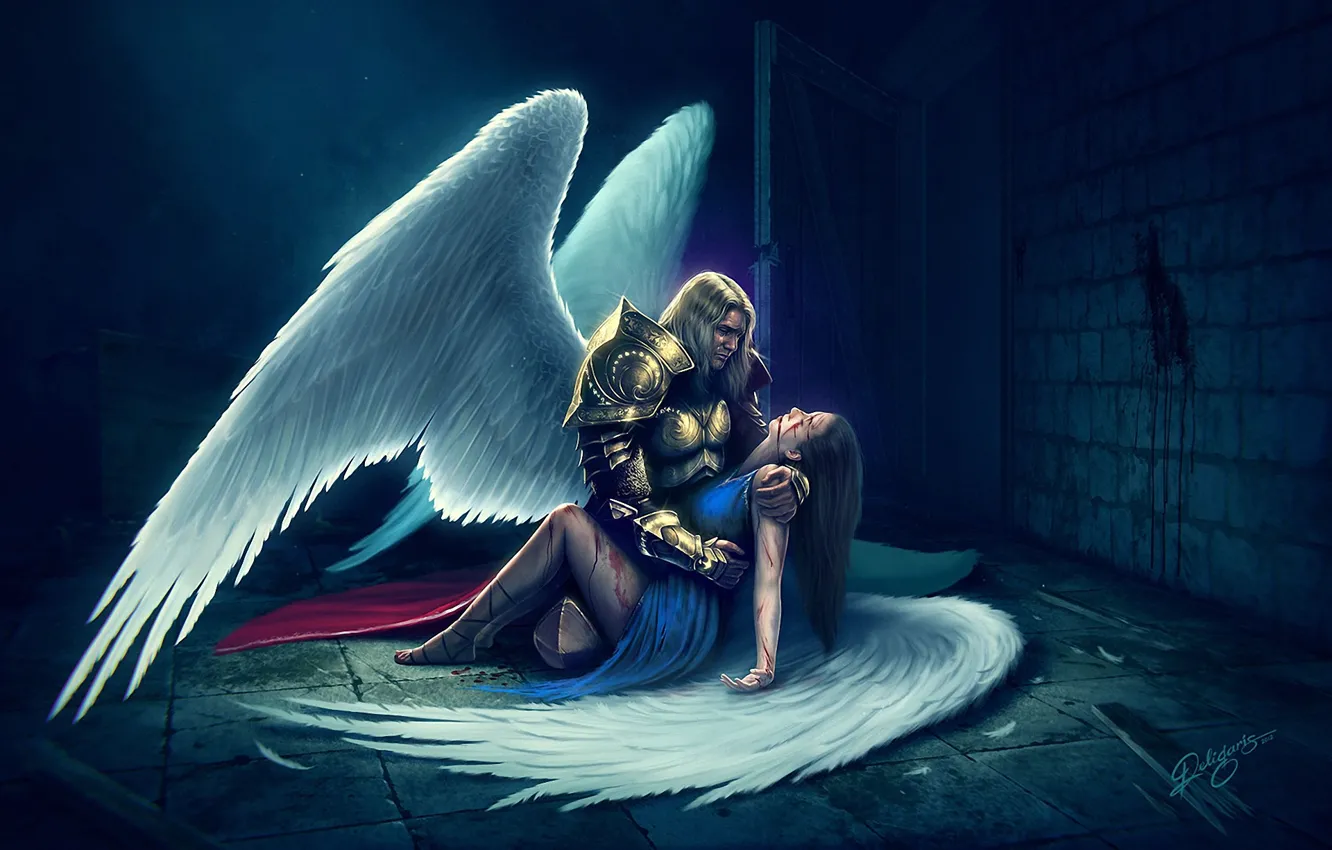 Фото обои девушка, кровь, крылья, ангелы, арт, парень, раны