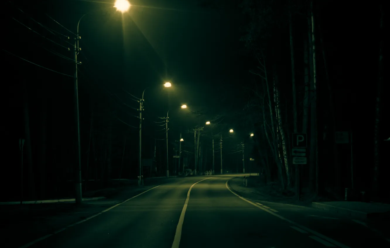 Фото обои дорога, деревья, разметка, фонари