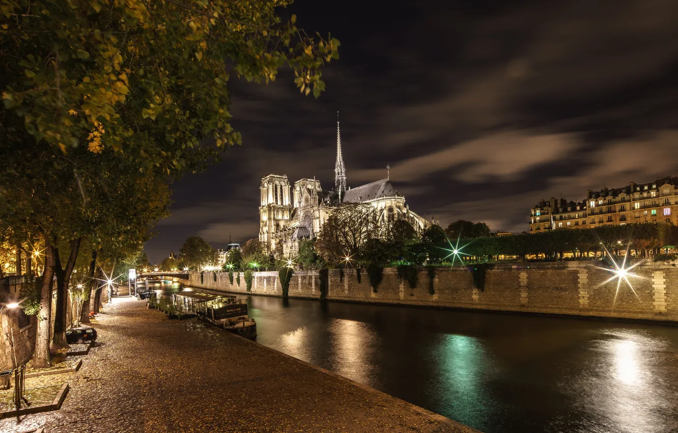 Фото обои ночь, огни, река, Франция, Париж, Сена, собор парижской богоматери, остров Сите