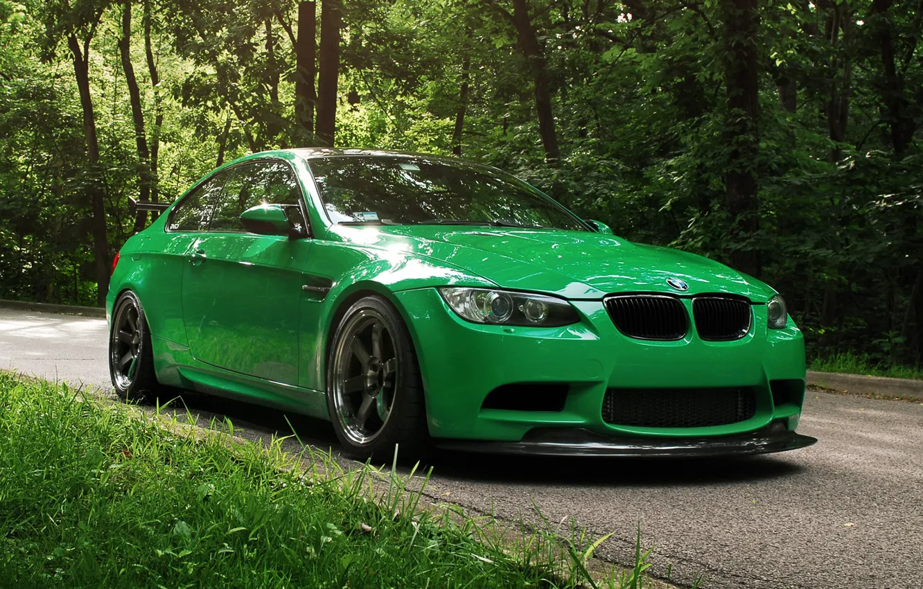 Фото обои Дорога, Лес, BMW, Зеленый, БМВ, Green, Coupe, E92