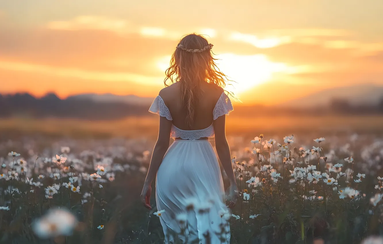 Фото обои поле, девушка, цветы, природа, поза, стоит спиной, ИИ-арт, НЕЙРОСЕТЬ
