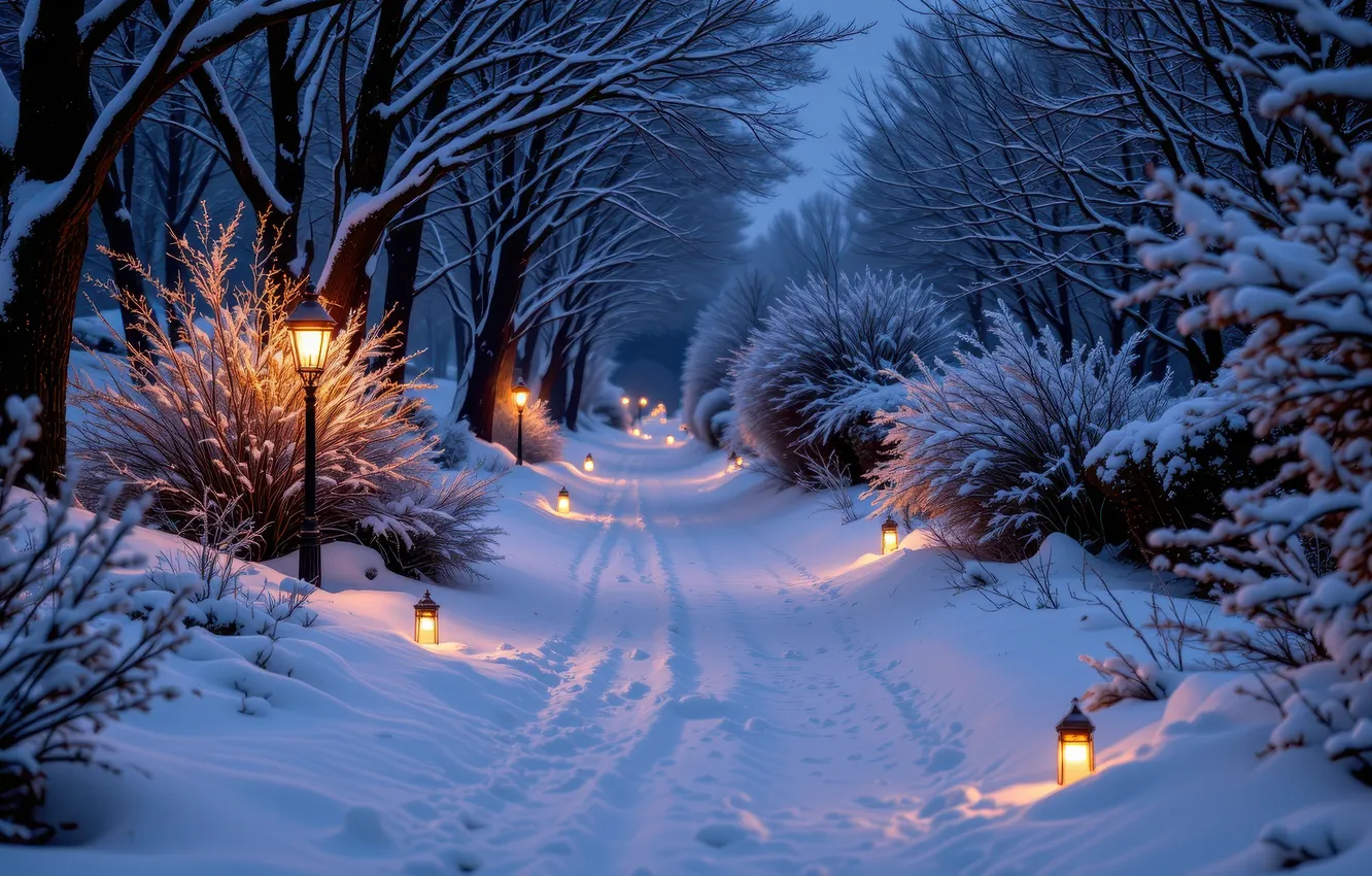 Фото обои зима, иней, дорога, лес, свет, снег, деревья, ветки