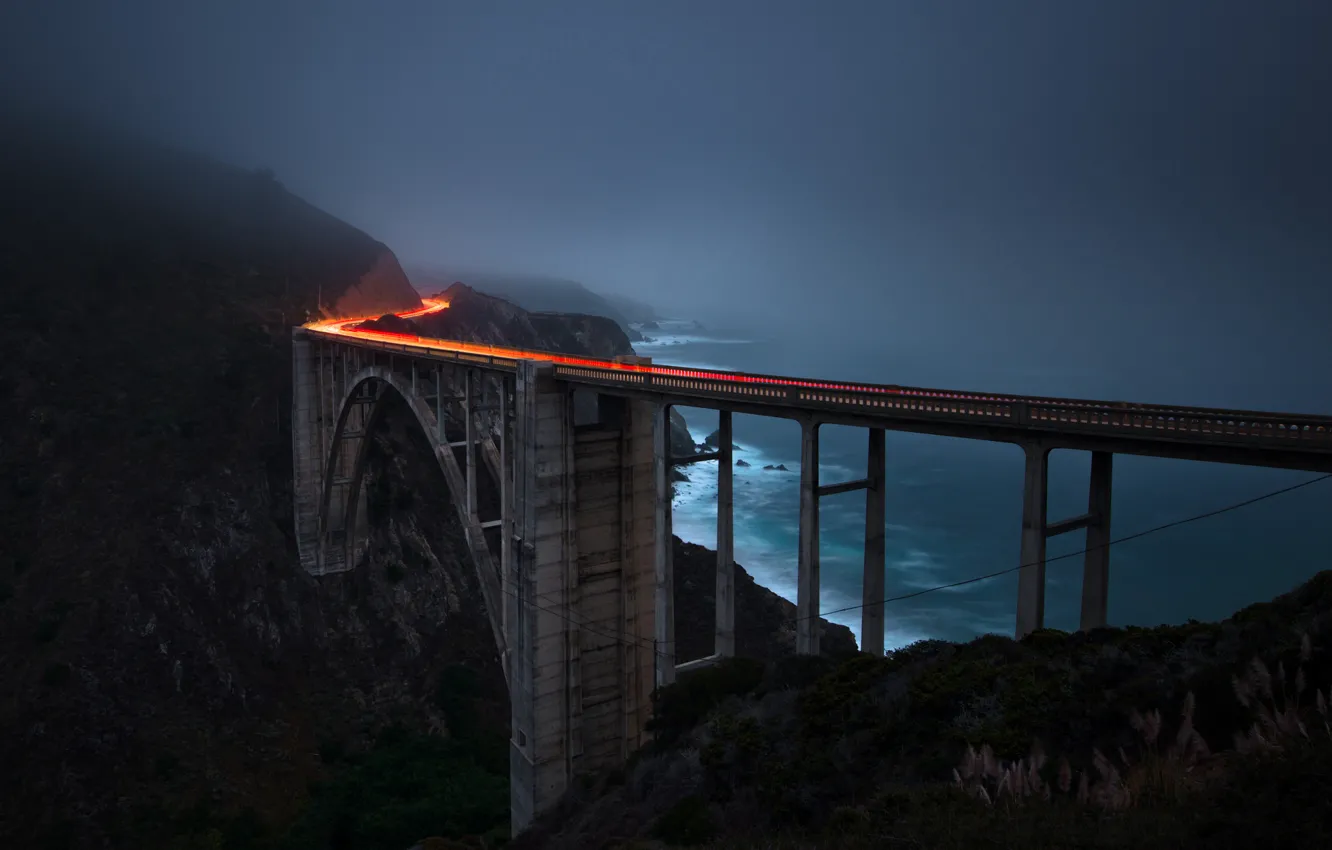 Фото обои дорога, свет, мост, огни, мрак, берег, выдержка