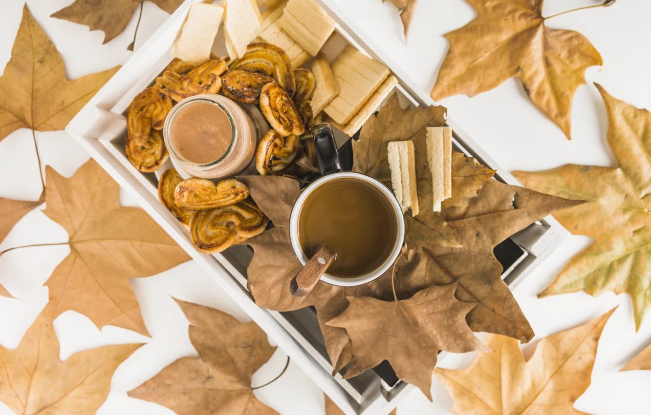 Фото обои осень, листья, фон, дерево, кофе, colorful, печенье, чашка