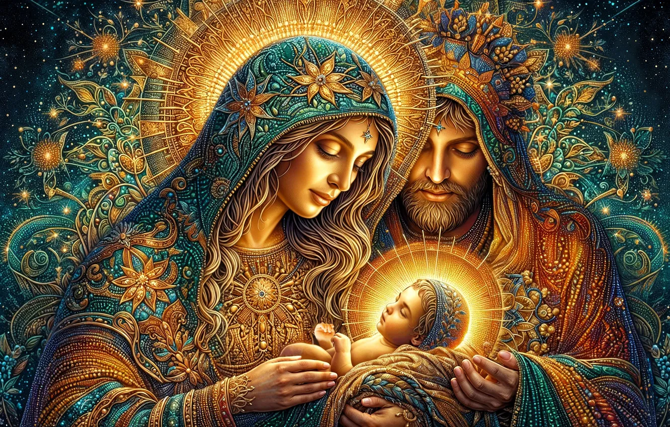 Фото обои любовь, дети, сияние, праздник, Иисус, отец, Рождество, младенец