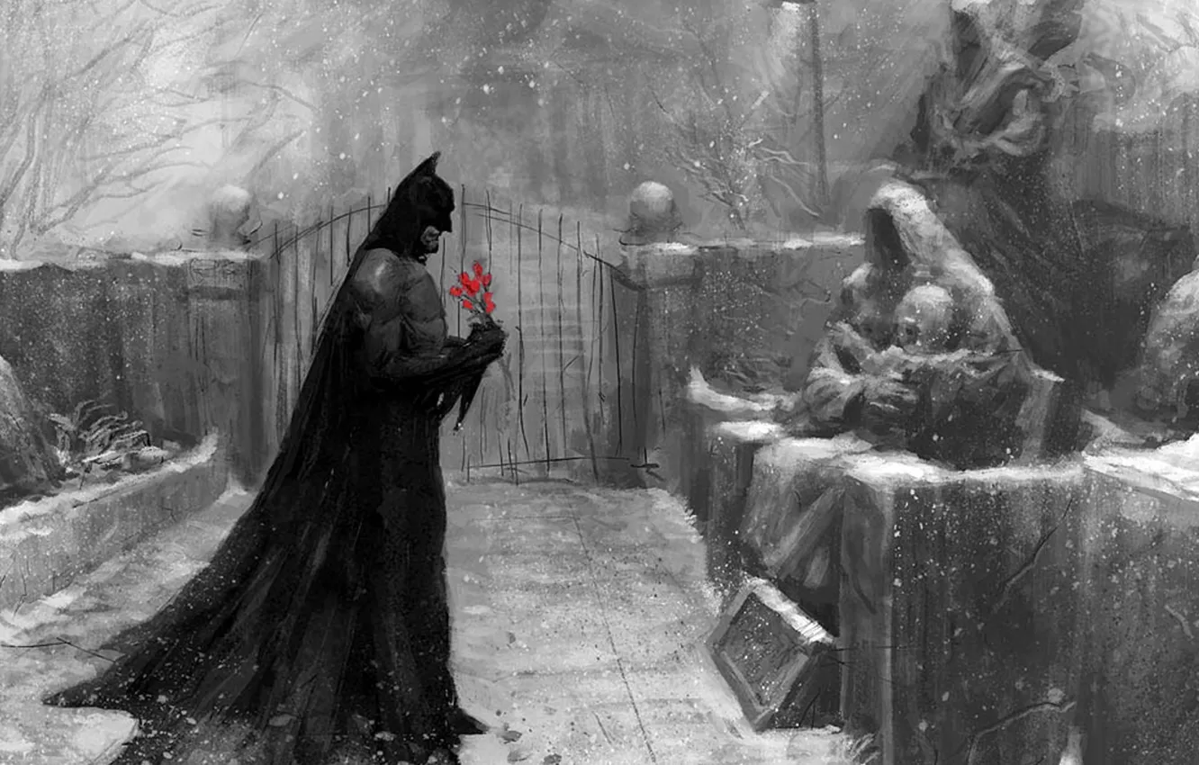 Фото обои снег, цветы, рисунок, бэтмен, кладбище, плащ